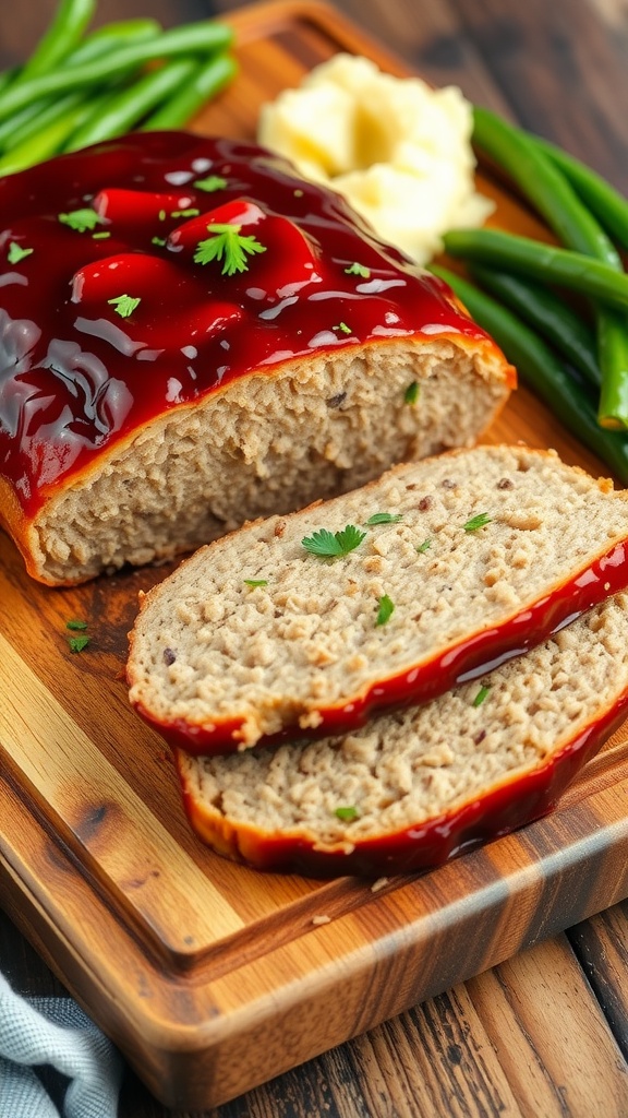 Sliced pork meatloaf on a wooden board with mashed potatoes and green beans.